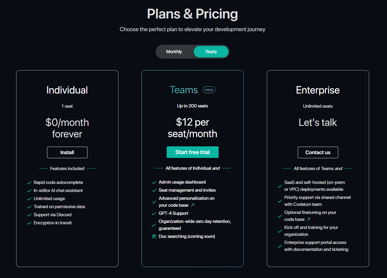 Codeium Plans and Pricing